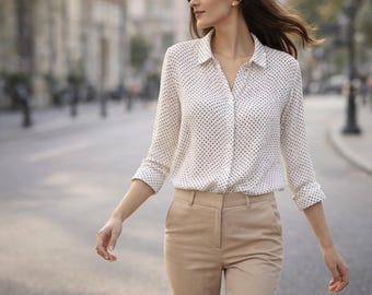 Vintage Polka Dot Viscose Blouse, Long Sleeve Oversized Top (XLarge)