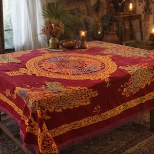 Nappe rectangulaire vintage des années 1990 au toucher velours avec franges - Motif paon - Décoration bordeaux or de style asiatique