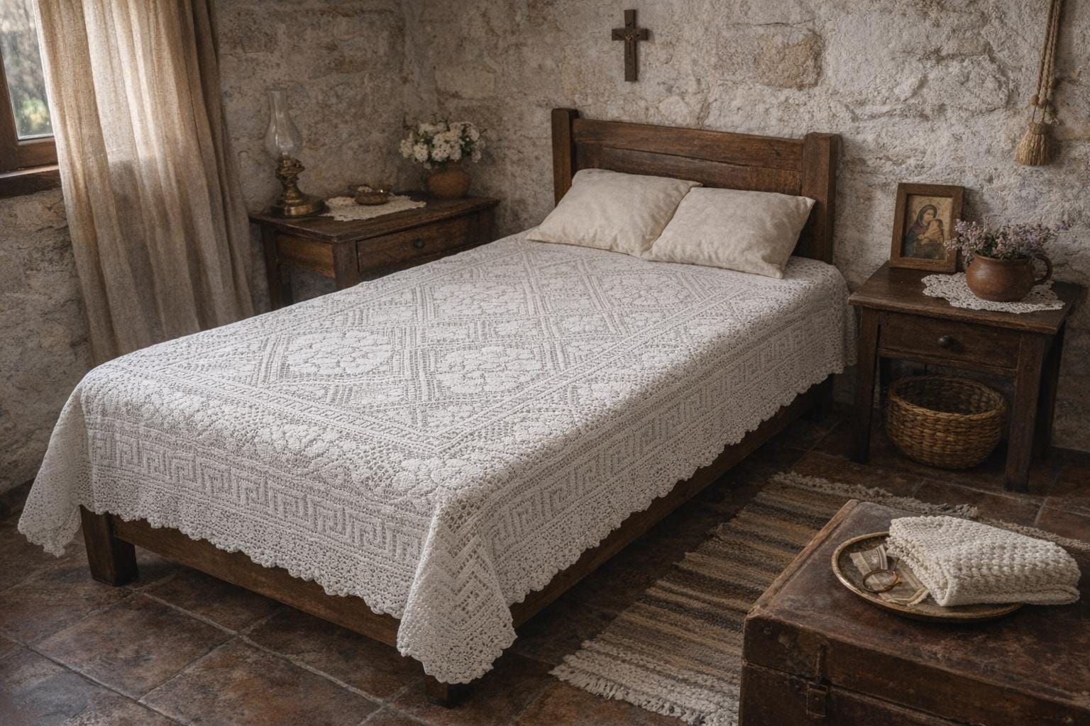 Grand Couvre Lit Ancien .Jeté De Canapé Au Crochet - 270 X 230 Cm Fait Main Coton Seconde Moitie Du Xxe Siecle