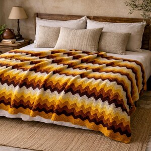 Handmade Crochet Blanket Vintage Chevron Throw Mustard Yellow Brown 70s Style Wool Cotton Blanket Large Boho Bedspread