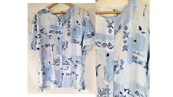 from 90's Shirt Blouse on Baby Blue and White col… - image 1
