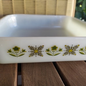 Anchor Hocking Vintage 70's GLASBAKE dish, casserole dish, Milk Glass Serving, green floral design bake serve, baking, vintage kitchen