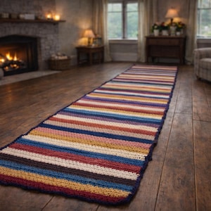 Crochet Handmade Striped Multicolor Greek Cotton 70's Long Runner Rug Rustic Rectangular Home Floor Decor Boho Vintage Decor Made Greece