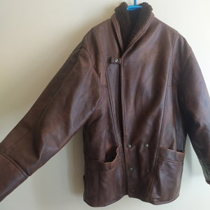 from 80&#39;s Leather Coat Jacket with Pockets and Fur Inside Brown Warm Men&#39;s  Clothing Vintage made in Italy Clothes