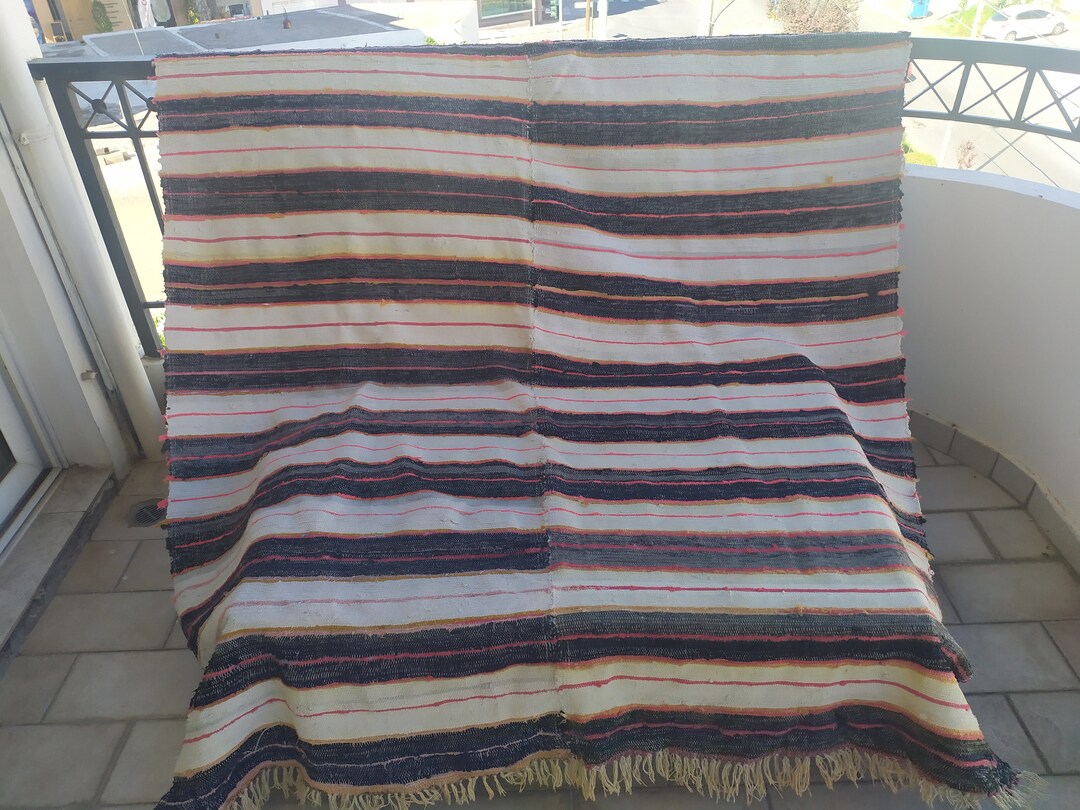 Vintage Greek Kourelou Area Rug - Handwoven Large Stripped Chindi Rug ...