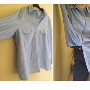 from 90&#39;s Button Downs Striped Shirt Vintage Clothing &#39;90s Men&#39;s Clothes Gray Baby Blue Color Cotton Large Size