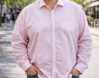 Vintage 2000s Men’s Plus Size Striped Shirt Pink White Button Down Long Sleeve Cotton