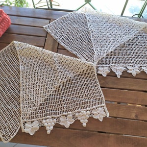 2 Pieces Hand Crochet Greek Kitchen Window Off White Curtains Handmade Cottage Farm House Shabby Chic Rustic Decor Vintage 60s Made Greece
