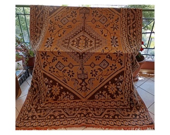 Greek Woven Area Rug Cotton Rustic Floral Vintage 70's Traditional Bohemian Home Decor Made in Greece