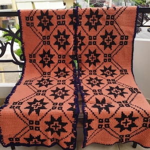 Rugs 2 pieces Greek Handmade Crochet 2 Rugs with Geometric Pattern on Salmon Black Blue colors Vintage 70&#39;s Made in Greece Rug Traditionally
