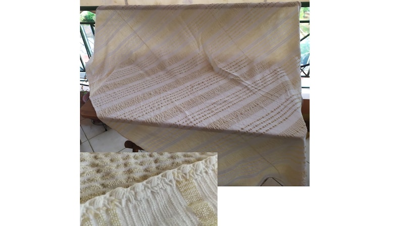 May include: A white crocheted throw blanket with a delicate pattern. The blanket is folded and draped over a chair.
