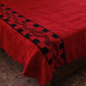 1950s Greek Handwoven Red Black – Rare Vintage Bedspread or Sofa Cover – Handmade Loom Textile