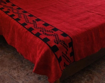 1950s Greek Handwoven Red Black – Rare Vintage Bedspread or Sofa Cover – Handmade Loom Textile