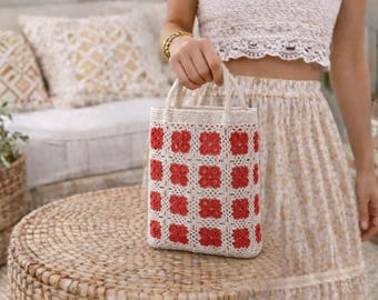 Bolso de algodón de crochet hecho a mano, bolso vintage rojo y blanco