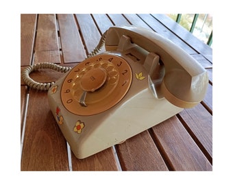 Greek from 70's Landline Phone Beige Rotary 1970's  Decor Vintage Home Decoration Rotary dial Retro Telephone made in Greece