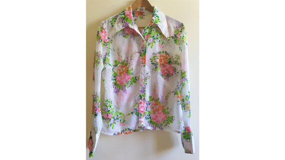 From 70's Floral See Through Blouse Ou Pont Dacron Brand ...