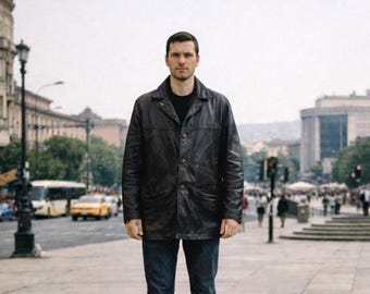 Men's Vintage Black Leather Blazer – Retro Button-Up Jacket