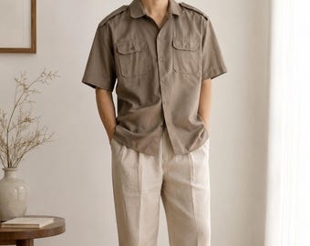 Vintage 90s Greek Army Shirt Khaki Military Cotton Men XL