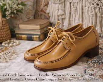 Grekiska läderskor från 1960-talet: Kamelbeige, storlek EU 37, vintage