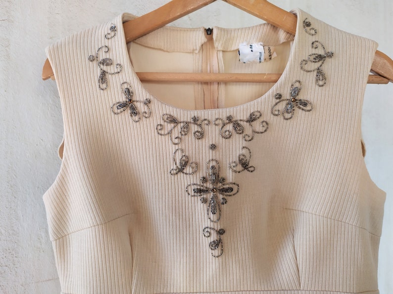Long Beige Dress 70/'s A-Line Ankle Hem Length Sleeveless Decorated with Beads Retro style Vintage Women/'s Clothing Small size