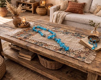 Grandi Kompoloi greci decorativi, perline blu cielo lucide, nodi argentati Begleri (vintage anni '90)