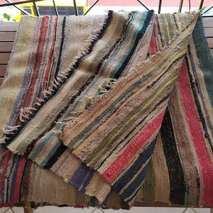 Long Authentic Greek Faded Chindi Rug Stripped Hand Woven Loom Rug Vintage 70s Rag Rug Handmade Traditional made in Greece Kourelou Vintage