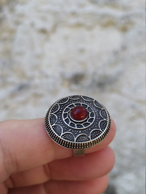 Big Round Alpaca Ring Carved Circle Ring Adjustab… - image 6