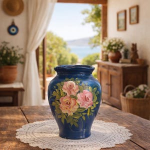 Vintage Greek Ceramic Vase, Handpainted Pottery, Floral Art, Home Décor, Rustic