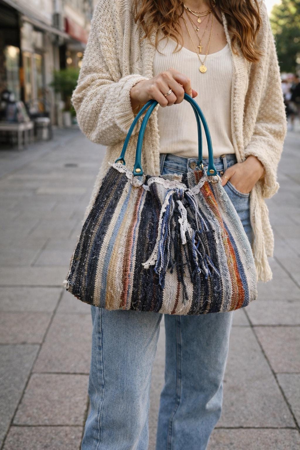 Handmade Recycled Cotton Rag Bag - Boho Woven Tote with Lace
