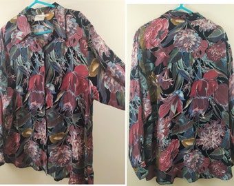 Oversized Women's Floral Shirt Straight Collar from Viscose fabric Vintage Clothing 00s Clothes XLarge Size