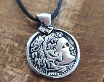 Alexander the Great Coin Pendant - Greek Necklace - Rope Chain - Silver Unisex Jewelry - Made in Greece