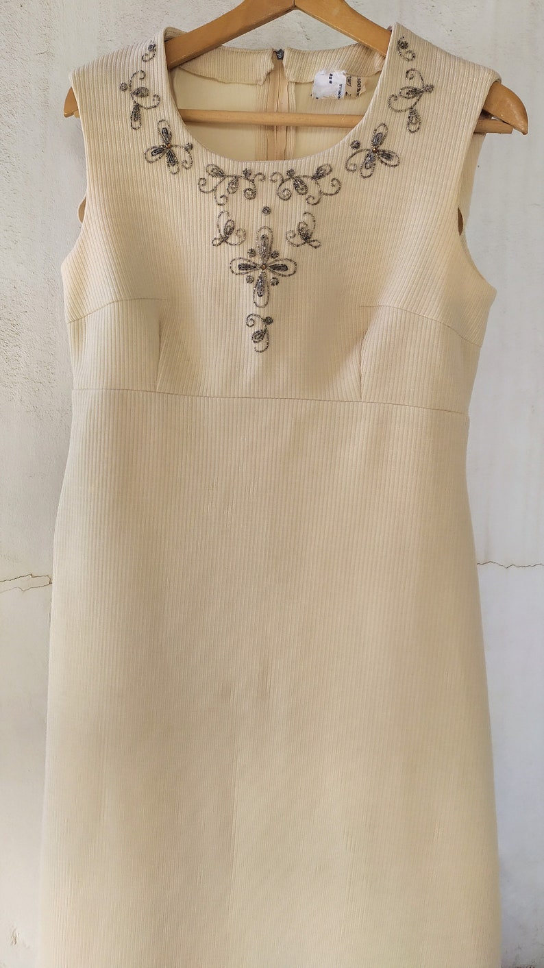 Long Beige Dress 70/'s A-Line Ankle Hem Length Sleeveless Decorated with Beads Retro style Vintage Women/'s Clothing Small size