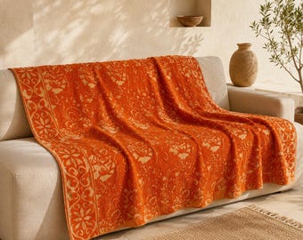 Vintage Greek Wool Bedspread Karameloti | Woven Orange  Blanket  | Traditional made in Greece Textile | Boho Rustic Throw