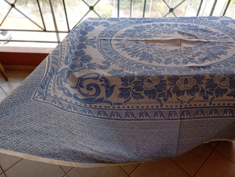 Greek Vintage 60s Tablecloth Cotton on Floral Design Rustic Tapestry