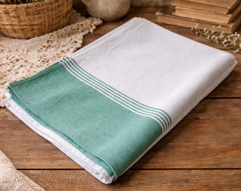 50s Greek Woven Cotton Antique Sheet, Green Stripe Textile