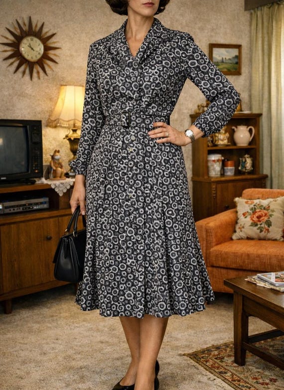60's Vintage Dress: Abstract Gray Black White, Long Sleeves, A-line, Belted - Small Size, Made in Greece