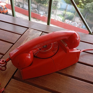 from 70's Landline Phone Red Rotary 1970's Decor Vintage Home Decoration Rotary dial Retro Telephone made in Greece imagem 1