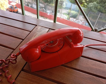 from 70's Landline Phone Red Rotary 1970's  Decor Vintage Home Decoration Rotary dial Retro Telephone made in Greece