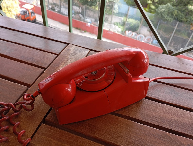 from 70's Landline Phone Red Rotary 1970's Decor Vintage Home Decoration Rotary dial Retro Telephone made in Greece imagem 1