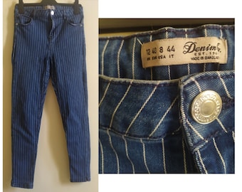 Striped Skinny High Rise Elastic Vintage 90's  Blue White Denim Cropped Pants Women's Clothing Large Size