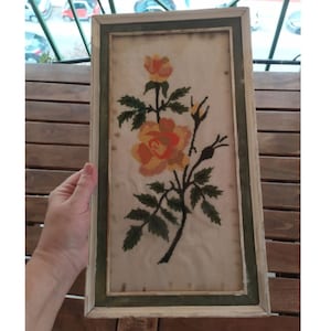From 70&#39;s Greek Embroidery Cadre Embroidered Flowers on cotton Canvas fabric and Brown Wooden Frame Wall Decor Hangings Made in Greece