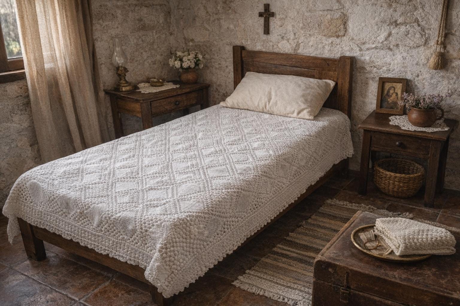 Handmade Vintage 80s Greek Crochet Bedspread – White Cotton Lace