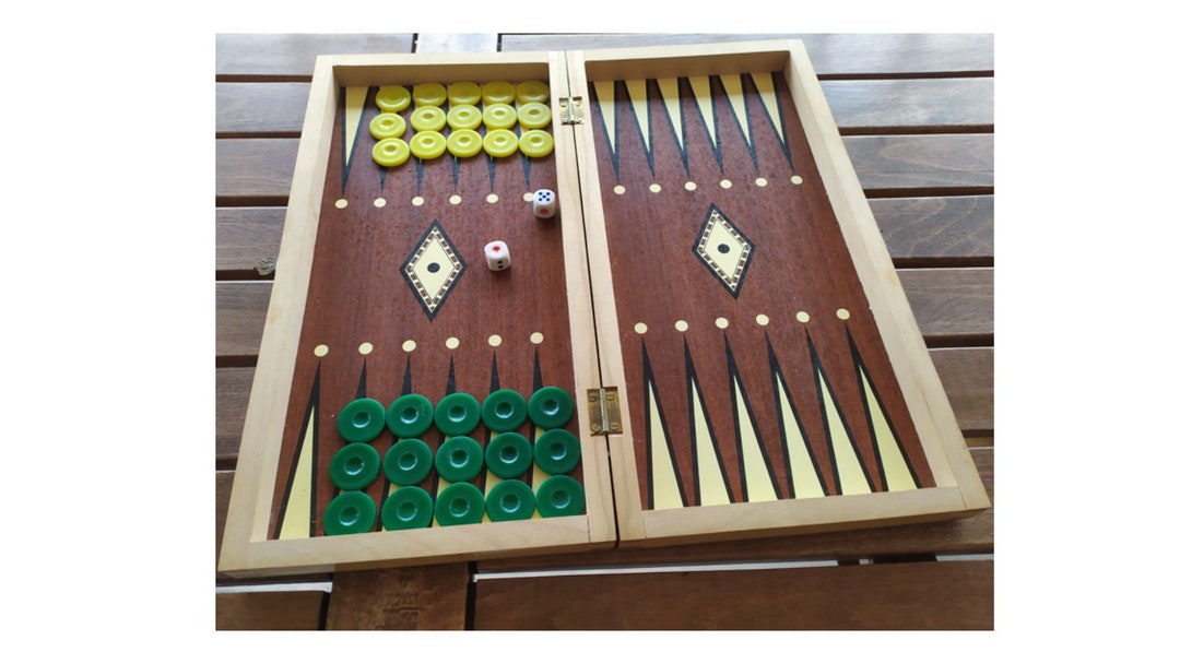 Greek Vintage Backgammon Game With 30 Plastic Tiles and 2 Dice Table