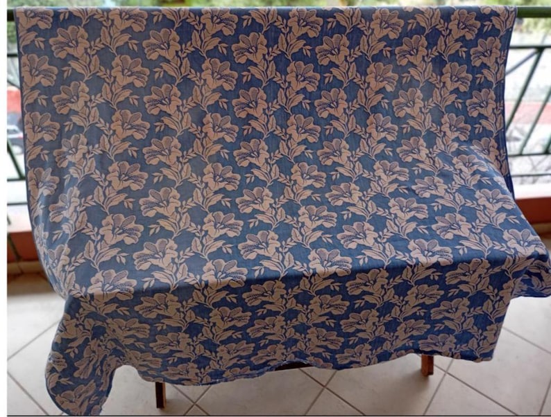 Greek 70s Cotton Vintage Bedspread – Blue White Floral Embossed Double Throw, Made in Greece image 6