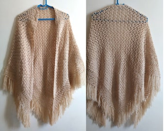 Greek Vintage from 80's Beige Wrap Shawl Handmade Crocheted with Long Fringes made in Greece Bohemian Boho