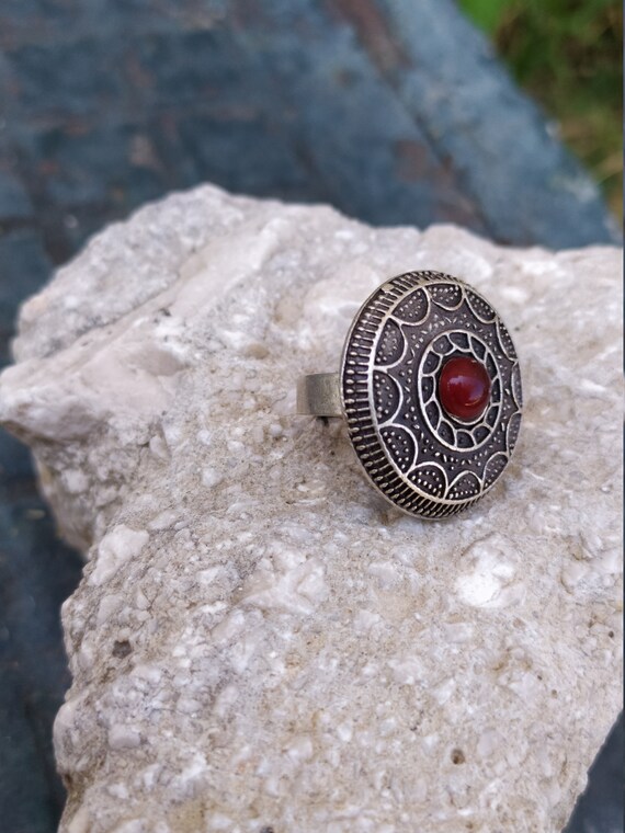 Big Round Alpaca Ring Carved Circle Ring Adjustab… - image 10