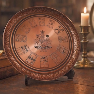 Okrągła taca z miedzi z lat 80., ręcznie robiona, z Kanady – duża grawerowana zawieszka ścienna – tłoczony metalowy element dekoracyjny