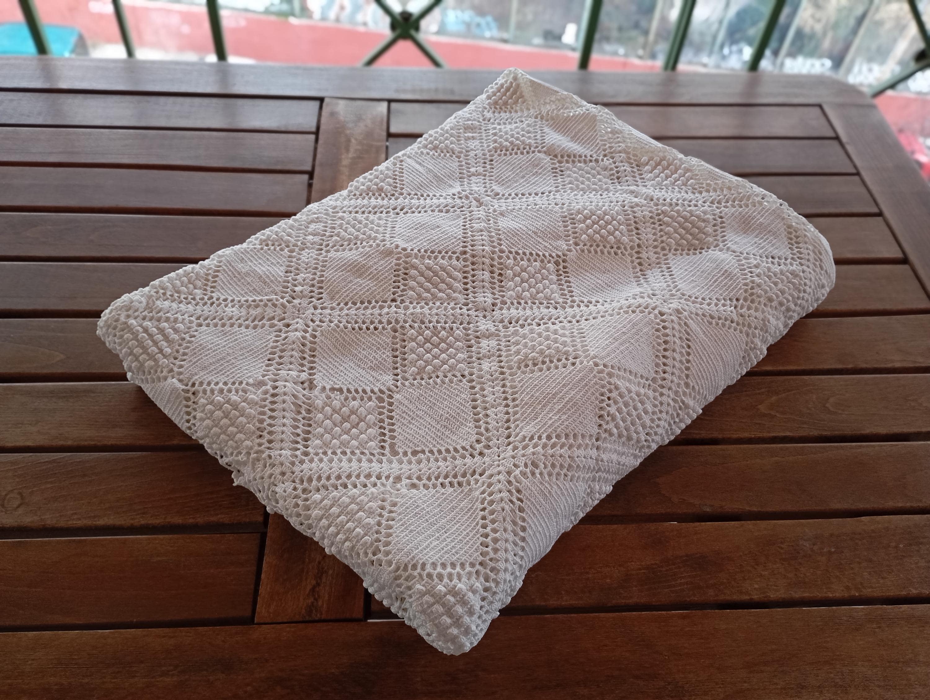 Handmade Vintage 80s Greek Crochet Bedspread – White Cotton Lace