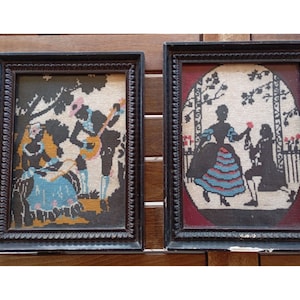 Vintage Greek Embroidered Wall Decor Romantic Couple in the Garden - 2 Cadres, 1970s, Wooden Frame