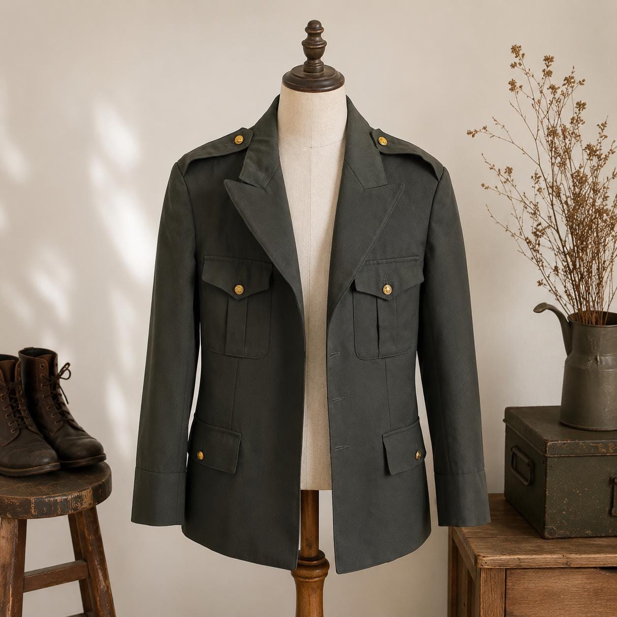 Authentic Greek Military Jacket Peacoat Blazer Woolen Khaki From